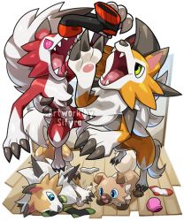 Rule 34 | artist name, blue eyes, claws, creatures (company), evolutionary line, fangs, game freak, gen 7 pokemon, green eyes, lycanroc, lycanroc (dusk), lycanroc (midday), lycanroc (midnight), lying, nintendo, no humans, on side, open mouth, pokemon, pokemon (creature), red eyes, rockruff, sifyro, smile, tail