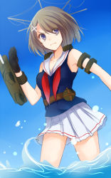 Rule 34 | 10s, 1girl, bare shoulders, black gloves, blue eyes, brown hair, gloves, hair ornament, hairclip, kantai collection, maya (kancolle), neckerchief, partially submerged, personification, short hair, skirt, solo, standing, wading, water, yue teitoku