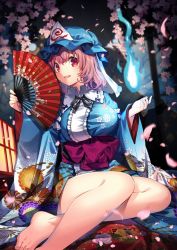 Rule 34 | 1girl, :d, arm garter, arm up, barefoot, blue headwear, blue kimono, breasts, cherry blossoms, commentary request, fingernails, floral print, folding fan, frilled kimono, frilled shirt collar, frills, full body, hair between eyes, hand fan, hitodama, holding, holding fan, japanese clothes, kapuchii, kimono, lantern, large breasts, long sleeves, obi, open mouth, parted lips, petals, pink eyes, pink hair, purple sash, ribbon-trimmed collar, ribbon trim, saigyouji yuyuko, sash, short hair, sitting, smile, solo, thighs, toenails, touhou, triangular headpiece, unfinished, veil, wide hips, wide sleeves