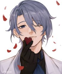 Rule 34 | 1boy, alternate costume, black gloves, blue eyes, blue hair, candy, chocolate, chocolate heart, closed mouth, commentary, english commentary, food, genshin impact, gloves, hair between eyes, heart, highres, holding, holding chocolate, holding food, jacket, kamisato ayato, looking at viewer, male focus, mole, mole under mouth, nokkusuart, petals, simple background, solo, twitter username, upper body, white background, white jacket