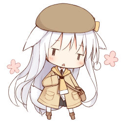 Rule 34 | 1girl, :&lt;, ayanepuna, beret, black skirt, blush, boots, brown footwear, brown hat, brown jacket, chibi, collared shirt, full body, hair between eyes, hat, hood, hood down, hooded jacket, jacket, long hair, original, pantyhose, parted lips, pleated skirt, shio (ayanepuna), shirt, simple background, skirt, solo, standing, triangle mouth, very long hair, white background, white hair, white pantyhose, white shirt, | |, || ||