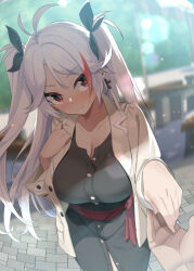 Rule 34 | 1boy, 1girl, alternate costume, azur lane, black dress, blurry, blurry background, blush, breasts, buttons, cleavage, closed mouth, commission, cross, cross earrings, day, dress, earrings, hair ribbon, highres, jacket, jewelry, large breasts, long hair, long sleeves, looking at viewer, multicolored hair, open clothes, open jacket, outdoors, prinz eugen (azur lane), red hair, ribbon, sasanon (sasapoliton), skeb commission, solo focus, streaked hair, sweat, two side up, very long hair, white hair