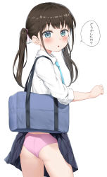 Rule 34 | 1girl, absurdres, accidental exposure, aqua eyes, ass, bag, black hair, blue skirt, blush, brown hair, clothes lift, collared shirt, commentary, cowboy shot, from behind, highres, long hair, long sleeves, looking at viewer, looking back, miniskirt, necktie, nedia (nedia region), original, panties, parted lips, pink panties, pleated skirt, school bag, school uniform, shirt, sidelocks, simple background, skirt, skirt caught on object, skirt lift, sleeves rolled up, solo, speech bubble, standing, thighs, translated, twintails, underwear, wardrobe malfunction, white background, white shirt