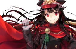 Rule 34 | 1girl, black hair, buttons, closed mouth, double-breasted, fate (series), floating hair, gloves, grey gloves, hat, highres, holding, holding sword, holding weapon, katana, koha-ace, long hair, looking at viewer, military, military hat, military uniform, nonono (nononotea), oda nobunaga (fate), oda nobunaga (koha-ace), peaked cap, red eyes, simple background, smile, solo, swept bangs, sword, uniform, upper body, weapon, white background