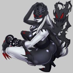 Rule 34 | 1girl, ass, breasts, cleavage, demon, demon girl, digimon, fallen angel, gloves, high heels, ladydevimon, large breasts, lipstick, makeup, red eyes, solo, squatting