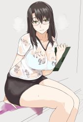 Rule 34 | 1girl, black hair, bra, breasts, brown eyes, clipboard, clothes writing, female focus, glasses, large breasts, long hair, looking at viewer, ogros, original, see-through, shirt, sitting, solo, underwear, wet, wet clothes, wet shirt, white bra