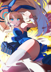 Rule 34 | 1girl, animal ears, armpits, ass, bare shoulders, blonde hair, blue archive, blue bow, blue eyes, blue leotard, blush, bow, breasts, earpiece, fake animal ears, fake tail, fighting stance, gauntlets, highres, ishinagiryou, leotard, long hair, medium breasts, official alternate costume, open mouth, playboy bunny, rabbit ears, rabbit tail, signature, single gauntlet, solo, tail, thighhighs, thighs, toki (blue archive), toki (bunny) (blue archive), very long hair, white thighhighs, wrist cuffs