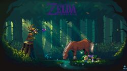 Rule 34 | 2boys, blonde hair, blue flower, brown shirt, brown tunic, bush, closed eyes, copyright name, epona, fairy, flower, forest, glowing, glowing eyes, grass, green headwear, green shirt, green tunic, hat, highres, horse, hylian shield, instrument, itzah, light particles, light rays, link, looking at another, lying, mask, multiple boys, nature, nintendo, ocarina, on side, outdoors, pixel art, planted, planted sword, planted weapon, pointy ears, scenery, shield, shield on back, shirt, short hair, short sleeves, skull kid, sleeping, squatting, stream, sword, tael, tatl, the legend of zelda, the legend of zelda: majora&#039;s mask, tree, tree stump, tunic, water, weapon