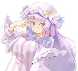 Rule 34 | 1girl, arnest, blunt bangs, blush, breasts, capelet, closed mouth, crescent, crescent hat ornament, dress, frills, full-face blush, hair ribbon, hand up, hat, hat ornament, highres, large breasts, long hair, mob cap, patchouli knowledge, purple dress, purple eyes, purple hair, ribbon, simple background, smile, solo, star-shaped pupils, star (symbol), striped, symbol-shaped pupils, touhou, tress ribbon, upper body, v over eye, vertical stripes, very long hair, white background, white capelet