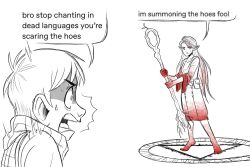 Rule 34 | 1boy, 1girl, alt text, ambrosia (dungeon meshi), barefoot, blood, blood on clothes, blood on hands, chilchuck tims, commentary, dress, dumpsterf11re, dungeon meshi, elf, english commentary, english text, halfling, holding, holding staff, long hair, looking at another, marcille donato, meme, monochrome, open mouth, pointy ears, scared, short hair, simple background, speech bubble, staff, standing, tumblr, white background