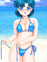 Rule 34 | 1990s (style), 1girl, beach, bikini, bishoujo senshi sailor moon, blue eyes, blue hair, blush, breasts, cleavage, cloud, day, earrings, jewelry, looking at viewer, matching hair/eyes, mizuno ami, open mouth, pirochi, retro artstyle, sailor mercury, shiny skin, short hair, sky, smile, solo, swimsuit, untied