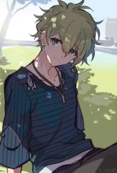 Rule 34 | 1boy, amami rantaro, arm support, brown pants, closed mouth, collarbone, commentary, danganronpa (series), danganronpa v3: killing harmony, day, grass, green eyes, green hair, hair between eyes, jewelry, long sleeves, looking at viewer, male focus, necklace, outdoors, pants, shirt, short hair, sitting, smile, solo, striped clothes, striped shirt, symbol-only commentary, tpi ri, tree, twitter username, upper body
