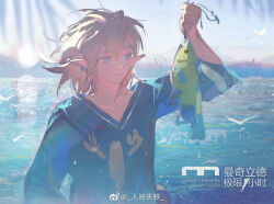 Rule 34 | 1boy, animal, bird, bishounen, blonde hair, blue shirt, blue sky, blue sleeves, chinese commentary, closed mouth, collarbone, commentary request, day, ear piercing, earrings, fish, hair lift, holding, holding animal, holding fish, hoop earrings, jewelry, light smile, link, long sleeves, looking at animal, male focus, medium hair, mountainous horizon, nintendo, ocean, outdoors, piercing, pointy ears, renjian shilian, ruins, shirt, simple bird, sky, sleeves past elbows, solo, sunlight, the legend of zelda, the legend of zelda: tears of the kingdom, upper body, v-neck, watermark, weibo logo, weibo username, white bird, wind, wind lift