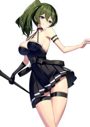 Rule 34 | 1girl, bare shoulders, black dress, breasts, closed mouth, dress, green hair, highres, holding, holding polearm, holding weapon, large breasts, looking at viewer, pleated dress, polearm, purple eyes, ririko (zhuoyandesailaer), simple background, sleeveless, sleeveless dress, smile, solo, sousou no frieren, ubel (sousou no frieren), upper body, weapon, white background