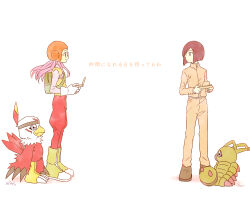 Rule 34 | belt, digimon, digimon (creature), feathers, hawkmon, highres, ichijouji ken, inoue miyako, long hair, looking at another, simple background, translation request, white background, wormmon