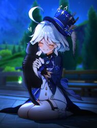 Rule 34 | 1girl, absurdres, ahoge, asymmetrical gloves, back bow, black cat, black gloves, blue bow, blue coat, blue hair, blue hat, blurry, blush, bow, cat, closed eyes, coat, depth of field, derivative work, full body, furina (genshin impact), game screenshot background, garter straps, genshin impact, gloves, grin, hat, heart, highres, li nauu, light blue hair, mismatched gloves, multicolored hair, night, seiza, shorts, sitting, smile, solo, streaked hair, top hat, two-tone hair, vest, white gloves, white hair, white shorts, white vest