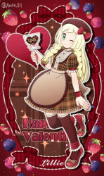 Rule 34 | 1girl, absurdres, akika 821, alternate costume, blonde hair, braid, brown hat, character name, chocolate, closed mouth, creatures (company), dress, food, fruit, full body, game freak, green eyes, happy valentine, hat, heart, highres, leg up, lillie (pokemon), long hair, nail polish, nintendo, one eye closed, pokemon, pokemon sm, short sleeves, smile, solo, strawberry, twin braids, twitter username