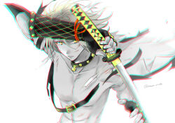 Rule 34 | 1boy, abs, absurdres, arm guards, bell, belt, black gloves, blonde hair, chromatic aberration, closed mouth, collar, fingerless gloves, floating hair, gloves, hair between eyes, hand up, highres, holding, holding sword, holding weapon, jingle bell, kapimaru, katana, long sleeves, looking at viewer, male focus, nansen ichimonji, neck bell, partially colored, shirt, short hair, simple background, slit pupils, solo, sword, toned, toned male, topless male, torn clothes, torn shirt, touken ranbu, twitter username, unsheathed, weapon, yellow eyes