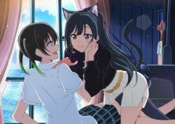 Rule 34 | 3girls, animal ears, belt, black eyes, black hair, black thighhighs, blue shirt, blue skirt, braid, braided bun, breasts, cat ears, cat tail, closed mouth, collared shirt, earrings, fake animal ears, gradient hair, green eyes, hair bun, hair ornament, hairclip, hand on another&#039;s cheek, hand on another&#039;s face, highres, holding hands, indoors, jewelry, long hair, long sleeves, looking at another, love live!, love live! nijigasaki high school idol club, medium breasts, medium hair, miniskirt, multicolored hair, multiple girls, neck ribbon, nijigasaki academy school uniform, on person, open mouth, out of frame, plaid, plaid skirt, pleated skirt, ponytail, red ribbon, ribbon, school uniform, shirt, short sleeves, sidelocks, single side bun, skirt, streaked hair, summer uniform, sweat, sweater vest, tail, takasaki yu, thighhighs, twintails, uehara ayumu, white skirt, yellow belt, yellow sweater vest, yumel lot, yuri, yuki setsuna (love live!), zettai ryouiki