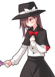 Rule 34 | 1girl, alternate hair length, alternate hairstyle, black skirt, blush, bow, brown hair, capelet, dress, dress tug, fedora, hair over one eye, hand on own chest, hat, hat bow, looking at another, maribel hearn, out of frame, outline, parted lips, red bow, shiroshi (denpa eshidan), shirt, simple background, skirt, solo, touhou, usami renko, white background, white shirt