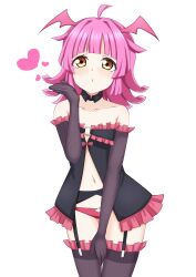 Rule 34 | 1girl, absurdres, ahoge, babydoll, black babydoll, black gloves, black thighhighs, blowing kiss, blunt bangs, blunt ends, breasts, chestnut mouth, collarbone, commentary, cowboy shot, demon wings, detached collar, elbow gloves, frilled gloves, frilled thighhighs, frills, garter straps, gloves, hand up, head wings, heart, highres, kinnikku, light blush, looking at viewer, love live!, love live! nijigasaki high school idol club, medium hair, navel, panties, pink hair, pink panties, sidelocks, small breasts, solo, tennoji rina, thighhighs, thighs, underwear, white background, wings, yellow eyes