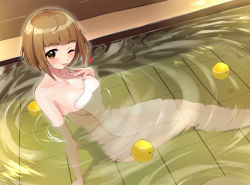 Rule 34 | 1girl, ;p, bath, blunt bangs, bob cut, breasts, brown hair, covering privates, floating, food, fruit, heart, highres, idolmaster, idolmaster cinderella girls, indoors, kitami yuzu, large breasts, legs together, looking at viewer, naked towel, name connection, nude cover, object namesake, one eye closed, orange (fruit), sitting, solo, tongue, tongue out, towel, wet, yuzuhota0313