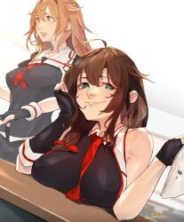 Rule 34 | 2girls, ahoge, black gloves, braid, breast rest, breasts, breasts on table, brown eyes, brown hair, commentary request, desk, fuwafuwatoufu, gloves, green eyes, hair between eyes, hair flaps, hair over shoulder, hand on own cheek, hand on own face, kantai collection, large breasts, long hair, looking at viewer, multiple girls, necktie, open mouth, panties, pleated skirt, red necktie, shigure (kancolle), shigure kai ni (kancolle), shiratsuyu (kancolle), shiratsuyu kai ni (kancolle), shirt, single braid, skirt, sleeveless, smile, teeth, underwear, upper teeth only
