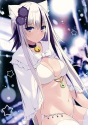 Rule 34 | 1girl, absurdres, animal ear fluff, animal ears, bell, bikini, black choker, blurry, blush, breasts, capelet, cat ears, choker, cleavage, closed mouth, collarbone, cowboy shot, depth of field, frilled capelet, frills, groin, hair between eyes, hair ornament, highres, jewelry, jingle bell, kurebayashi noe, long hair, looking at viewer, medium breasts, multicolored hair, navel, original, pom pom (clothes), purple eyes, purple hair, scan, sidelocks, silver hair, sitting, solo, star (symbol), stomach, sweat, swimsuit, thighhighs, two-tone hair, very long hair, white bikini, white capelet, white thighhighs