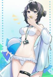 Rule 34 | 1girl, absurdres, ahoge, arknights, bad id, bad pixiv id, ball, bare shoulders, barefoot, beachball, bikini, black hair, blue background, breasts, cleavage, feather hair ornament, feathers, gradient background, hair bun, hair ornament, highres, holding, holding ball, id card, jacket, la pluma (arknights), la pluma (summer flowers) (arknights), leg up, long sleeves, medium breasts, mizuhashi parusui, navel, off shoulder, official alternate costume, open clothes, open jacket, purple eyes, short hair, single hair bun, single side bun, solo, standing, standing on one leg, stomach, swimsuit, thigh strap, whistle, whistling, white bikini, white jacket