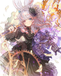 Rule 34 | 1girl, animal ear fluff, animal ears, black dress, blue eyes, character request, closed mouth, commentary request, dress, final fantasy, final fantasy xiv, gears, grey hair, haku (sabosoda), heterochromia, highres, holding, holding weapon, long hair, long sleeves, looking at viewer, multicolored hair, nail polish, pink hair, pink nails, ponytail, rabbit ears, red eyes, sleeves past wrists, smile, solo, streaked hair, warrior of light (ff14), weapon, white background