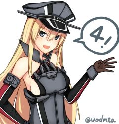 Rule 34 | !, 10s, anchor hair ornament, armor, artist request, bare shoulders, bismarck (kancolle), blonde hair, blue eyes, breastplate, detached sleeves, gloves, hair between eyes, hair ornament, hat, highres, kantai collection, long hair, military, military hat, military uniform, peaked cap, simple background, solo, speech bubble, uniform, white background, yuubokumin