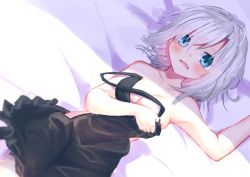 Rule 34 | 1girl, ars almal, bare arms, bare shoulders, bed sheet, black dress, blue eyes, blush, breasts, clothes in front, collarbone, covering privates, dress, dutch angle, frilled dress, frills, hair between eyes, lying, medium breasts, moti yousei, nijisanji, nude cover, on back, parted lips, silver hair, sleeveless, sleeveless dress, solo, unworn dress, virtual youtuber, wavy mouth