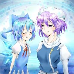 Rule 34 | 2girls, ayukazu, blue bow, blue hair, bow, cirno, closed eyes, closed mouth, hair bow, ice, ice wings, juliet sleeves, letty whiterock, long sleeves, looking at viewer, multiple girls, non porn, polearm, puffy sleeves, purple eyes, purple hair, scarf, short hair, short sleeves, smile, snowflakes, touhou, trident, upper body, weapon, white headwear, white scarf, wings