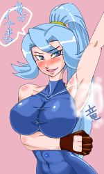 Rule 34 | 1990s (style), 1girl, blush, breasts, clair, clair (pokemon), creatures (company), game freak, gym leader, huge breasts, kitsune-tsuki (getter), latex, nintendo, pokemon, pokemon gsc, ponytail, retro artstyle, smell, solo, translation request