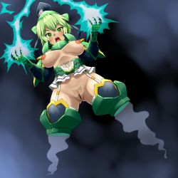 Rule 34 | 1girl, armor, blush, breastless clothes, breasts, censored, colored pubic hair, d.koutya, electricity, female focus, female pubic hair, garter straps, ghost tail, green hair, hat, highres, large breasts, looking at viewer, microskirt, navel, nipples, open mouth, pubic hair, pussy, reverse bikini armor, reverse outfit, short hair, skirt, soga no tojiko, solo, tate eboshi, touhou