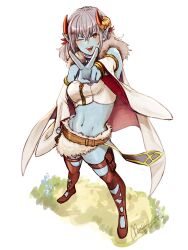Rule 34 | 1girl, another eden, bangle, bare shoulders, blue skin, blush, bracelet, breasts, brown footwear, cape, colored skin, crop top, crossed bangs, detached sleeves, fur skirt, grey hair, hair between eyes, highres, horns, jewelry, komugiko no mori, long sleeves, medium breasts, midriff, monster girl, myrus (another eden), navel, one eye closed, open mouth, pointing, pointing at viewer, pointy ears, red eyes, shirt, sign, sleeveless, sleeveless shirt, smile, solo, standing, v, v-shaped eyebrows, white cape, white shirt, wide sleeves