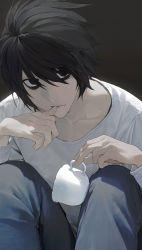 Rule 34 | 1boy, absurdres, aqua pants, biting, black eyeshadow, blue pants, collarbone, commentary request, cup, death note, denim, eyeshadow, eyeshadow under eye, finger biting, grey background, hair between eyes, hair over eyes, hands up, highres, holding, holding cup, jeans, knees up, l (death note), long sleeves, makeup, male focus, messy hair, modare, pants, shirt, short hair, sidelocks, simple background, sitting, solo, swept bangs, teacup, white shirt