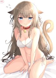 Rule 34 | 1girl, akino ell, animal ears, bare arms, bare shoulders, barefoot, bell, between legs, blue eyes, bra, breasts, brown hair, cat ears, cat girl, cat tail, cleavage, closed mouth, collar, collarbone, floppy ears, flying sweatdrops, frown, hair ornament, hair ribbon, hairclip, highres, jingle bell, long hair, looking at viewer, medium breasts, navel, original, panties, ribbon, side-tie panties, signature, simple background, sitting, solo, tail, tail raised, thighs, underwear, underwear only, v arms, very long hair, wariza, white background, white bra, white panties