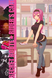 Rule 34 | 1girl, bad id, bad pixiv id, boots, casual, english text, hairband, highres, long hair, looking at viewer, ma70, megurine luka, motor vehicle, motorcycle, pants, pink eyes, pink hair, smile, solo, vehicle, vocaloid