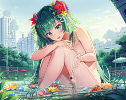 Rule 34 | 1boy, 1girl, :d, apple (luffy123), blue eyes, blue flower, building, chain-link fence, city, completely nude, day, fence, flower, giant, giantess, green hair, green male swimwear, green swim trunks, hair flower, hair ornament, in the face, knees up, lamppost, lifebuoy, long hair, looking at another, looking down, male swimwear, nude, open mouth, original, outdoors, partially submerged, petals, pool, pool ladder, poolside, red flower, sitting, smile, splashing, swim ring, swim trunks, swimsuit, very long hair, water, yellow flower