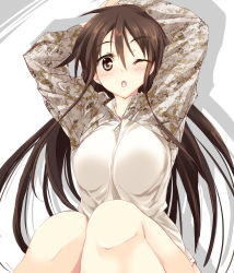 Rule 34 | 1girl, ;o, arms up, blush, breasts, brown eyes, brown hair, camouflage, large breasts, long hair, looking at viewer, matsuno canel, one eye closed, original, sitting, solo