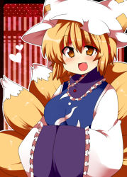Rule 34 | 1girl, bad id, bad pixiv id, blonde hair, blush, fang, female focus, fox tail, hands in opposite sleeves, hat, heart, matatabi maru, multiple tails, open mouth, short hair, smile, solo, tail, touhou, yakumo ran