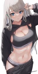 Rule 34 | 1girl, black jacket, black pants, blue eyes, blush, breasts, cleavage, clothes pull, fingernails, grey hair, groin, highres, jacket, large breasts, long hair, looking at viewer, makamati, nail polish, navel, original, pants, pants pull, parted bangs, parted lips, shrug (clothing), simple background, solo, sports bra, stomach, twitter username, white background, yoga pants