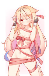 Rule 34 | 1girl, barefoot, blonde hair, blush, breasts, cleavage, closed mouth, collarbone, commentary request, frown, gluteal fold, gradient background, groin, hair flaps, hair ornament, hairclip, head tilt, highres, kantai collection, kneeling, long hair, naked ribbon, navel, one eye closed, red eyes, ribbon, scarlet dango, small breasts, solo, stomach, tareme, white background, yuudachi (kancolle), yuudachi kai ni (kancolle)