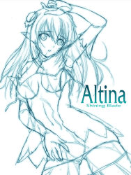Rule 34 | 1girl, altina (shining blade), arm up, character name, copyright name, elbow gloves, gloves, highres, lineart, long hair, looking at viewer, monochrome, pointy ears, revealing clothes, sega, shining (series), shining blade, simple background, sketch, solo, white background, yoshimura kentaro