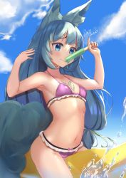 Rule 34 | 1girl, :p, absurdres, animal ear fluff, animal ears, armpits, arms up, banana boat, bare arms, bare shoulders, bikini, blue eyes, blue hair, blue sky, blush, breasts, cameltoe, closed mouth, cloud, collarbone, commentary request, day, eating, food, food on body, food on breasts, frilled bikini, frills, highres, holding, holding food, long hair, low-tied long hair, melting, navel, original, outdoors, popsicle, purple bikini, signature, sitting, skai kun, sky, small breasts, smile, solo, splashing, stomach, swimsuit, tail, tongue, tongue out, very long hair, water