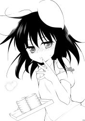 Rule 34 | 1girl, animal ears, black hair, blush, rabbit ears, carrot, carrot necklace, comic, cup, dress, dutch angle, embarrassed, frown, furrowed brow, greyscale, hachi (chihagura), half-closed eyes, hand up, highres, inaba tewi, jewelry, light particles, monochrome, necklace, nose blush, outstretched hand, pendant, short hair, solo, sweatdrop, teacup, touhou, tray, upper body, yunomi
