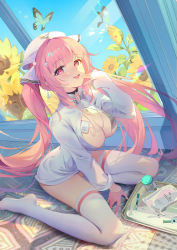 Rule 34 | 1girl, absurdres, azur lane, blue butterfly, breasts, bug, butterfly, center opening, cleavage, cross hair ornament, dress, feet, flower, full body, gloves, hair ornament, half gloves, hand to own mouth, hat, highres, huge filesize, id card, indoors, insect, lanyard, large breasts, long sleeves, looking at viewer, no shoes, nurse, nurse cap, open mouth, perseus (azur lane), perseus (unfamiliar duties) (azur lane), pink eyes, pink gloves, pink hair, revision, short dress, solo, somna, sunflower, syringe, thighhighs, tray, white dress, white hat, white thighhighs, window
