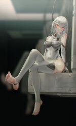 Rule 34 | 1girl, absurdres, bare shoulders, black gloves, blurry, blurry background, breasts, character request, covered navel, crossed legs, depth of field, elbow gloves, fr (frrrr), full body, gloves, grey hair, grey leotard, grey thighhighs, highres, impossible clothes, impossible leotard, large breasts, leotard, looking at viewer, parted lips, red eyes, short hair, sitting, solo, stirrup legwear, the wandering earth, thighhighs, toeless legwear, toes