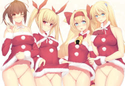 Rule 34 | 4girls, blazblue, blonde hair, blush, bow, breasts, brown eyes, brown hair, celica a. mercury, censored, christmas, clothes lift, covered erect nipples, daiaru, dress, dress lift, gloves, hair ribbon, lineup, long hair, medium breasts, multiple girls, no panties, noel vermillion, one eye closed, platinum the trinity, pussy, pussy juice, rachel alucard, red bow, red eyes, ribbon, santa costume, take your pick, twintails